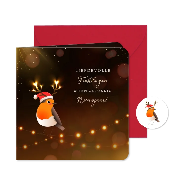Kerstkaart roodborstje kerstmuts lichtgevend hartjes gewei