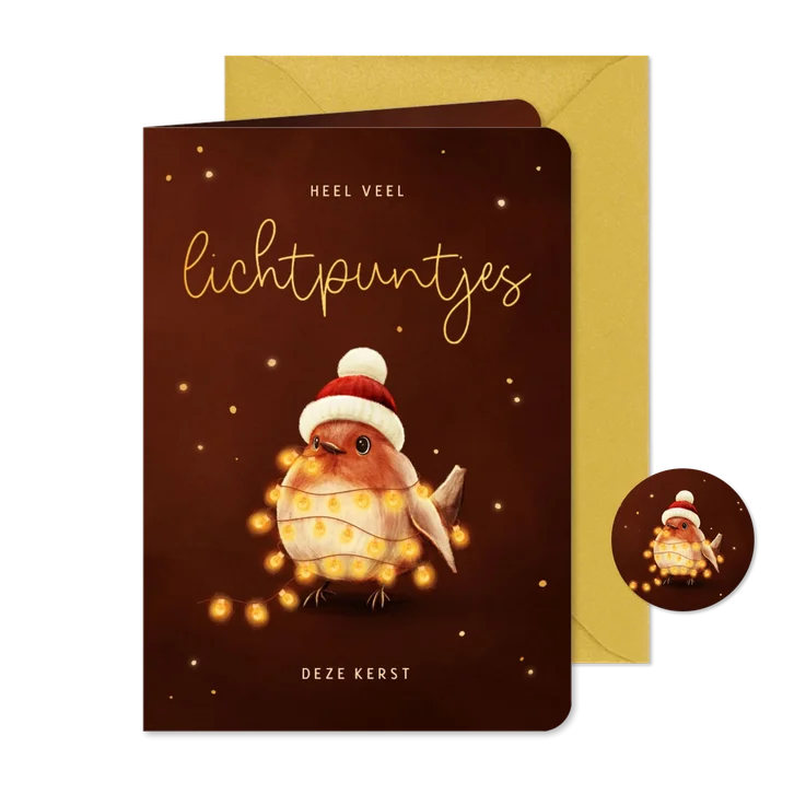 Kerstkaart roodborstje met lampjes lichtpuntjes voor jou