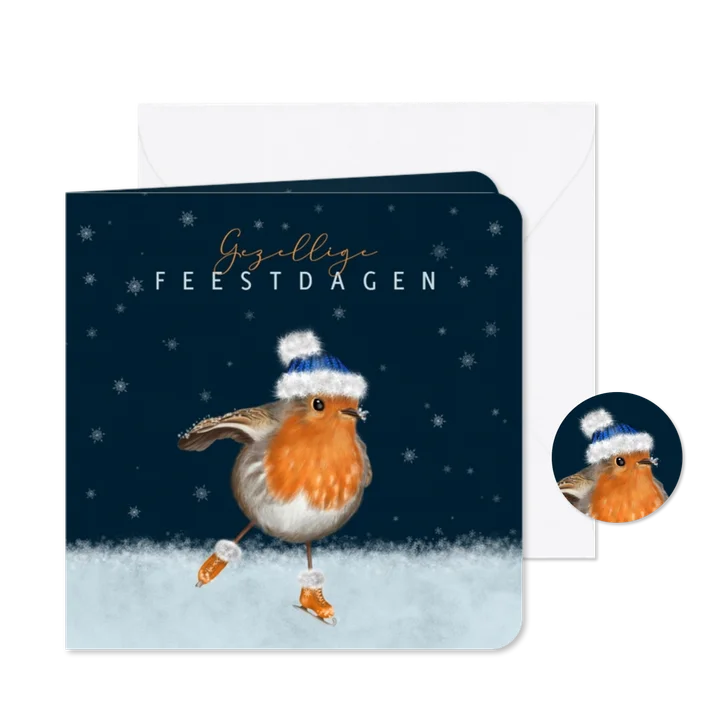 Kerstkaart roodborstje met muts op schaatsen