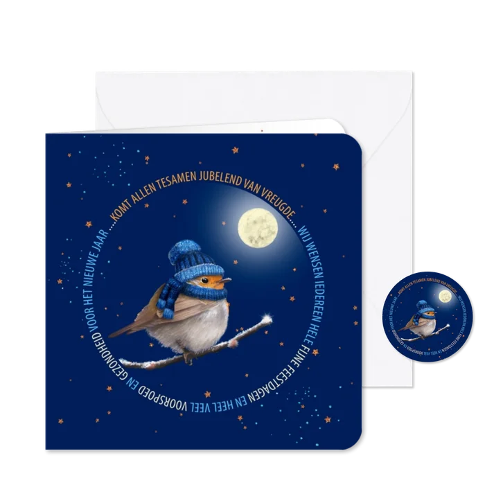 Kerstkaart roodborstje op donkerblauw met glitter