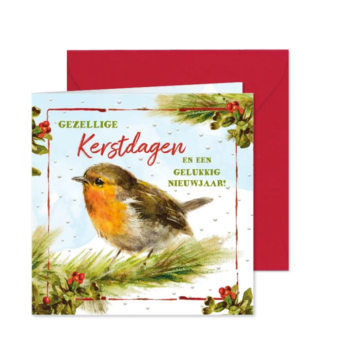 Kerstkaart roodborstje op tak in sneeuw