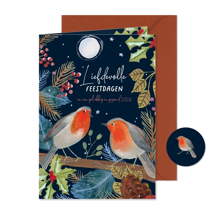 Kerstkaart roodborstjes bij volle maan