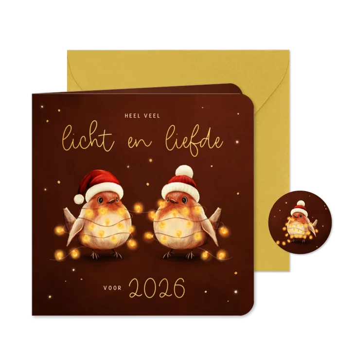 Kerstkaart roodborstjes met lampjes licht en liefde