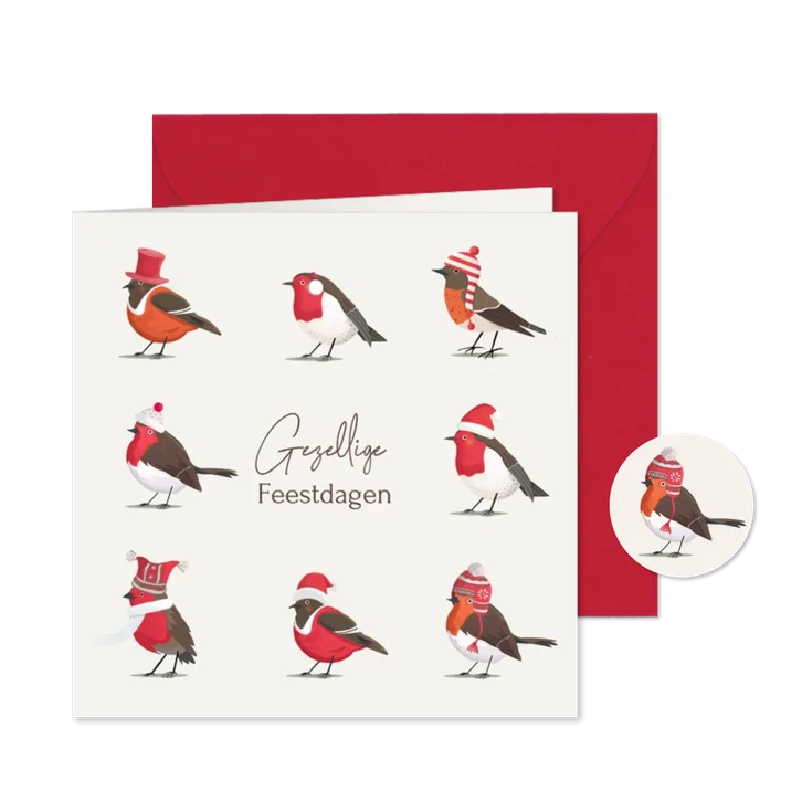 Kerstkaart roodborstjes met mutsen