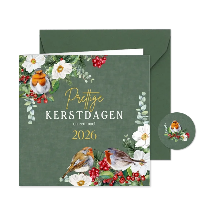 Kerstkaart roodborstjes op groen fluweellook