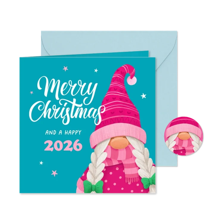 Kerstkaart roze gnoom hip grappig sterretjes merry christmas