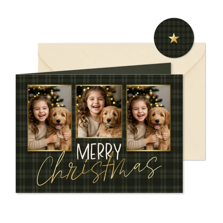 Kerstkaart ruitjes groen fotocollage merry christmas