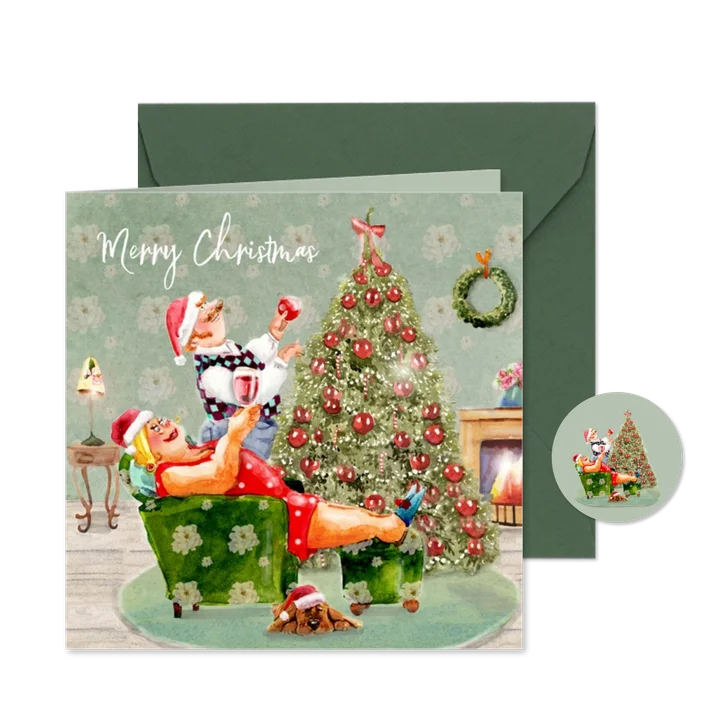 Kerstkaart samen de kerstboom versieren