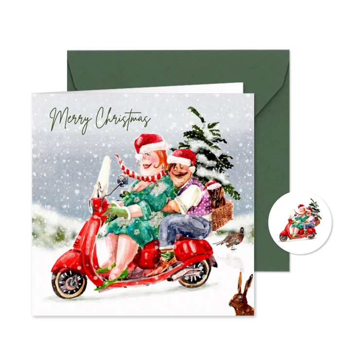 Kerstkaart samen gezellig op de scooter door de sneeuw