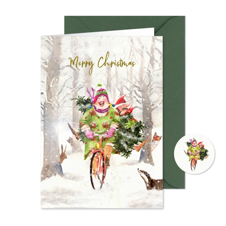 Kerstkaart samen op de fiets met boom verticaal