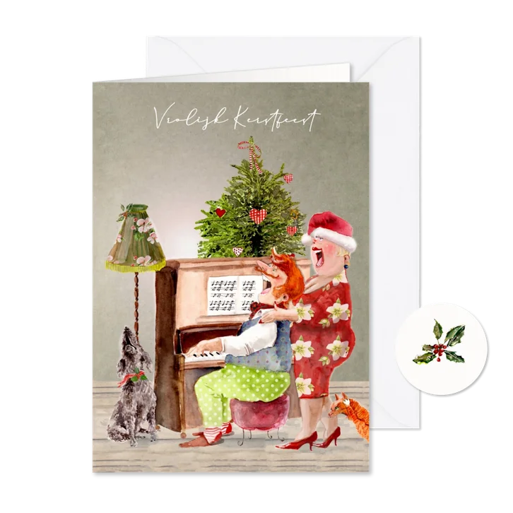 Kerstkaart Samen zingend achter de piano