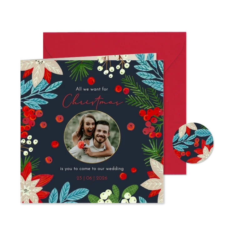Kerstkaart Save the Date botanisch met foto