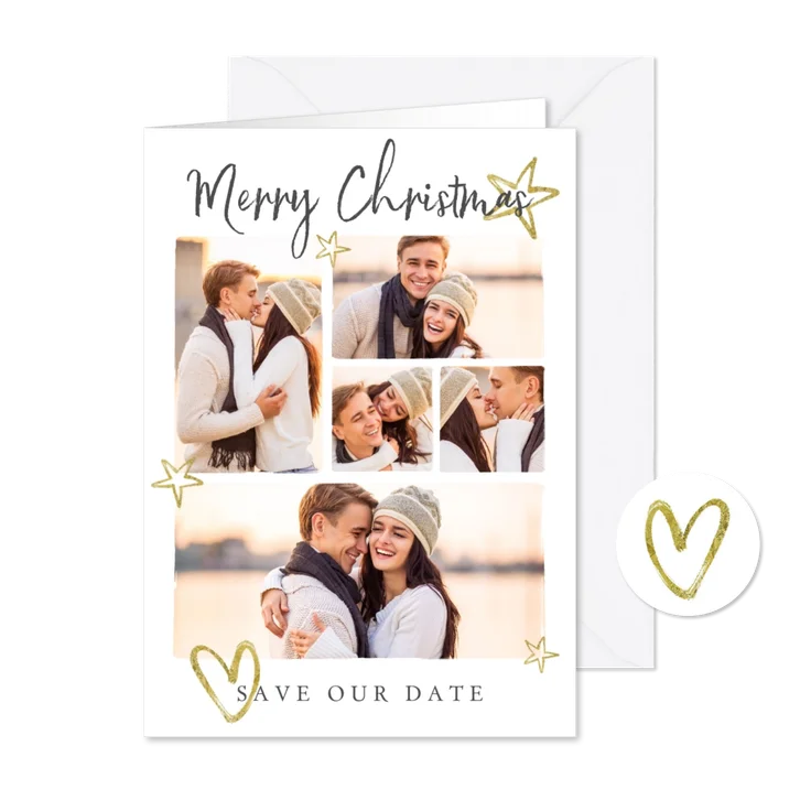 Kerstkaart save the date goud sterren hartje fotocollage