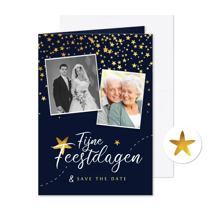 Kerstkaart save the date jubileum sterren goud confetti foto