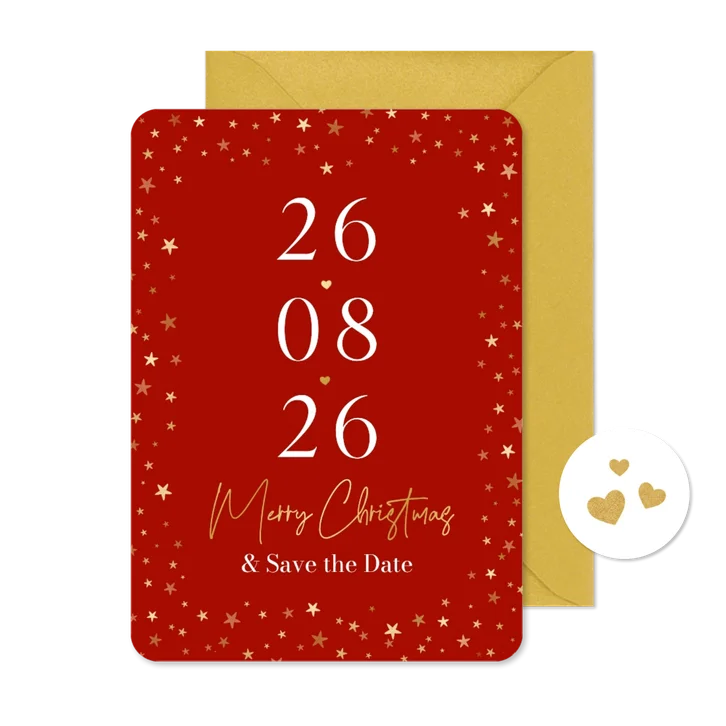 Kerstkaart save the date trouwkaart sterren goud liefde