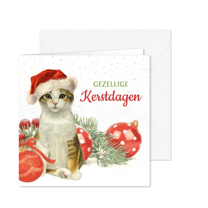 Kerstkaart schattige kat met kerstmuts