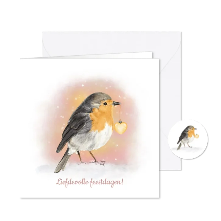 Kerstkaart schatttig roodborstje met een hartjes kerstbal