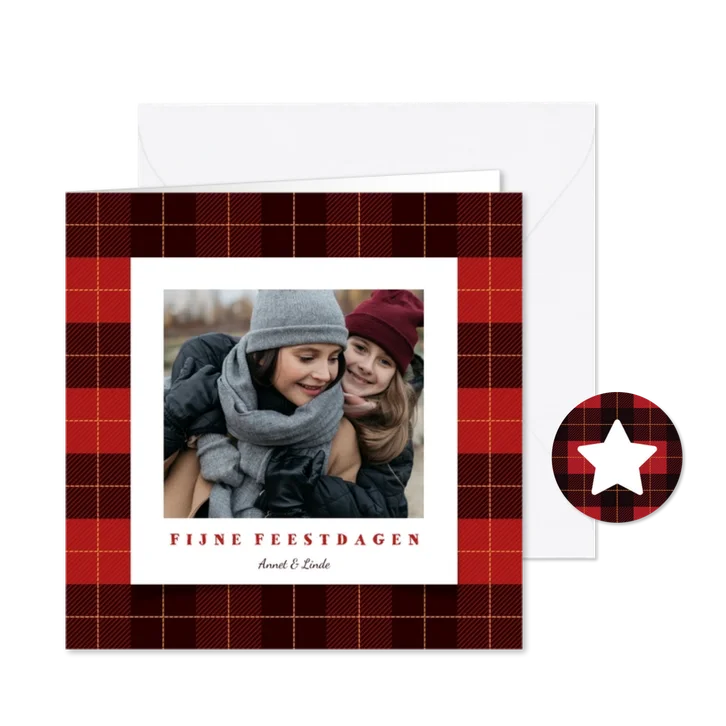Kerstkaart schots ruitpatroon met foto en tekst