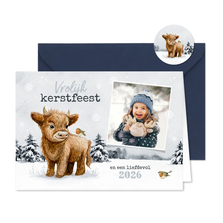 Kerstkaart Schotse hooglander roodborstjes foto winter