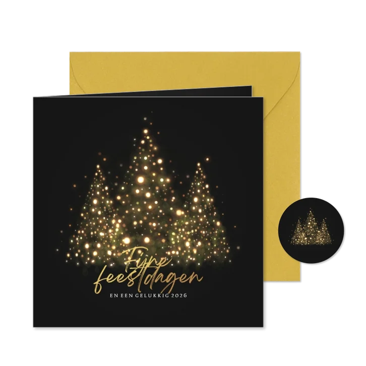 Kerstkaart silhouet kerstbomen met gouden lampjes