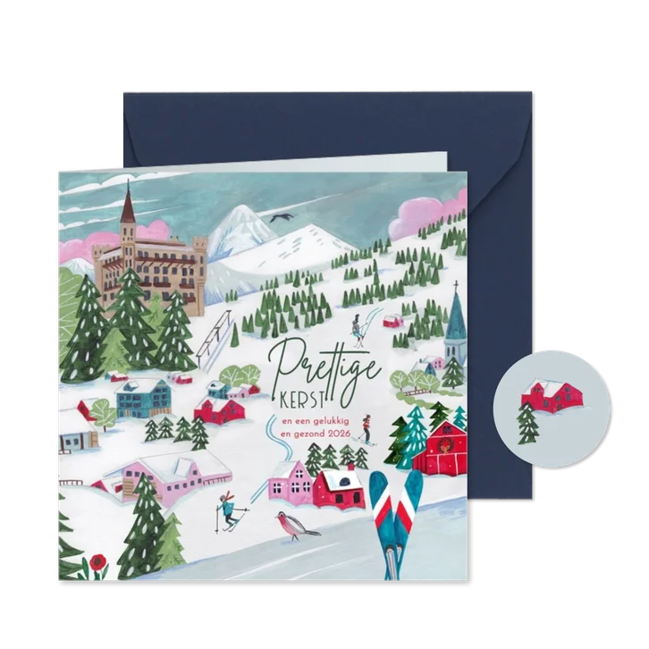 Kerstkaart ski landschap in de bergen met sneeuw