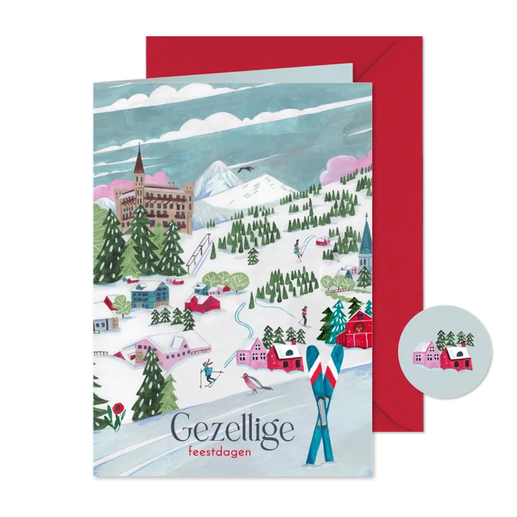 Kerstkaart ski landschap met bergen en sneeuw