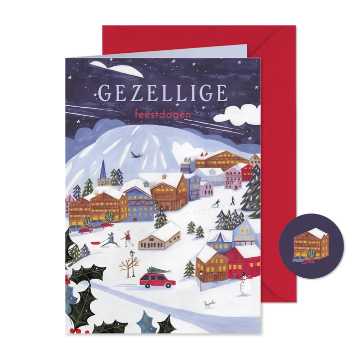 Kerstkaart ski landschap met bergen sneeuw en huisjes