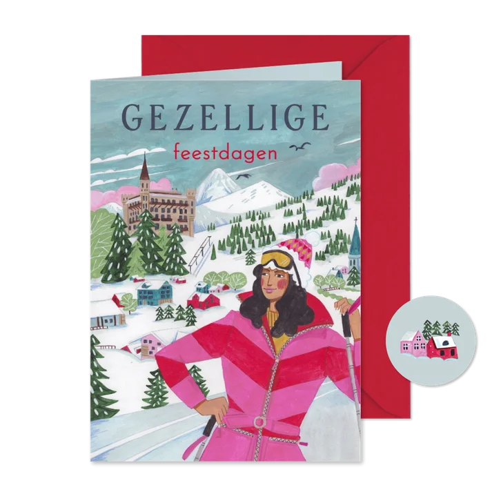 Kerstkaart ski landschap met vrouw in skipak