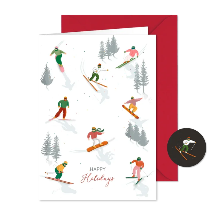 Kerstkaart skien en snowboarden
