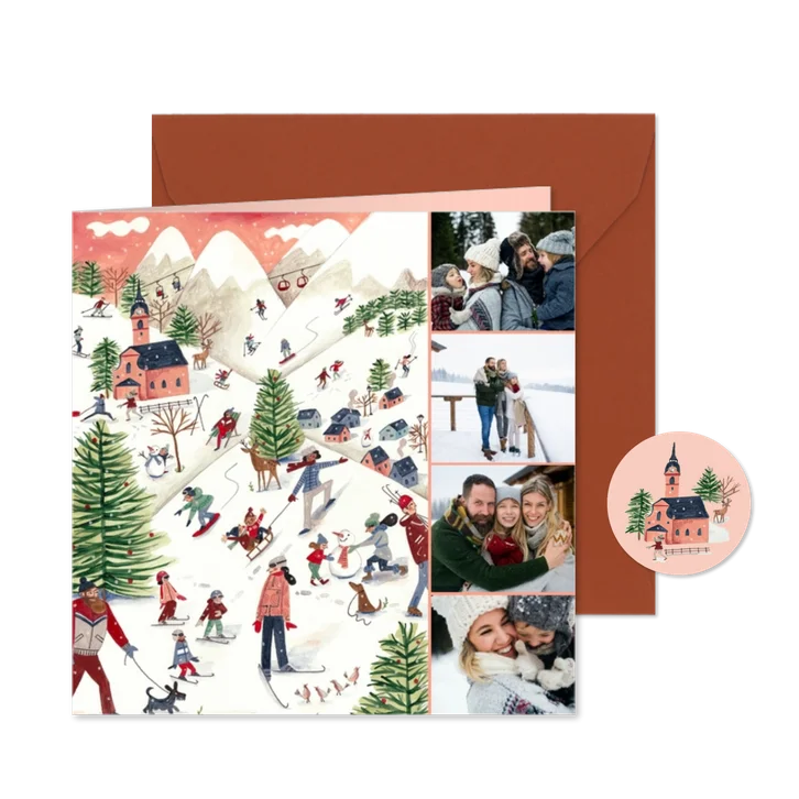 Kerstkaart skiën in de bergen met foto