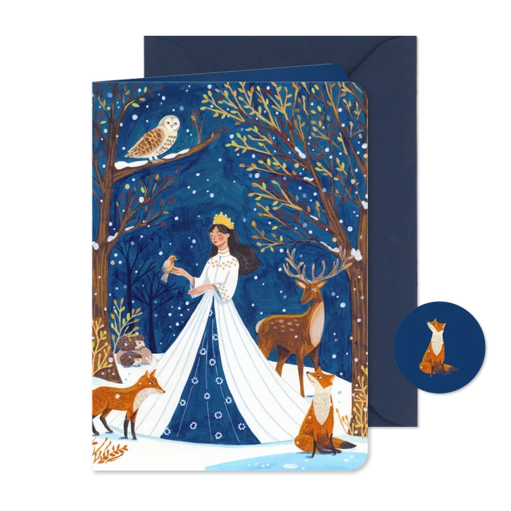 Kerstkaart sneeuwkoningin in het dieren bos