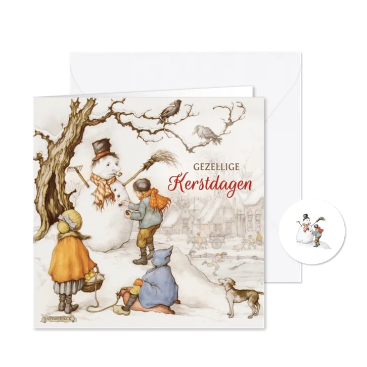 Kerstkaart sneeuwpop met spelende kinderen