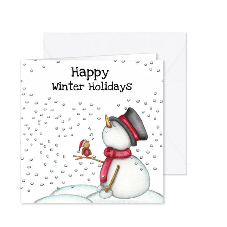 Kerstkaart sneeuwpop met vogeltje