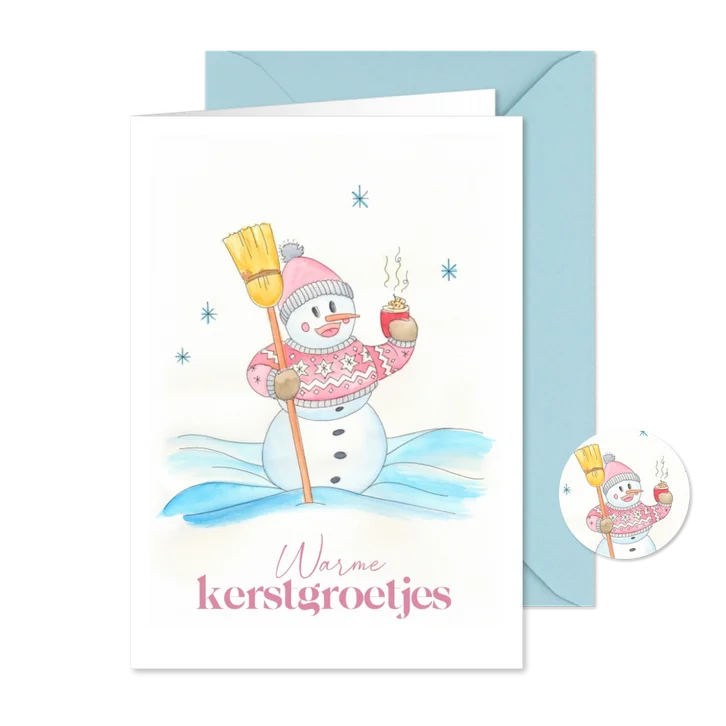 Kerstkaart sneeuwpop met warme chocolademelk