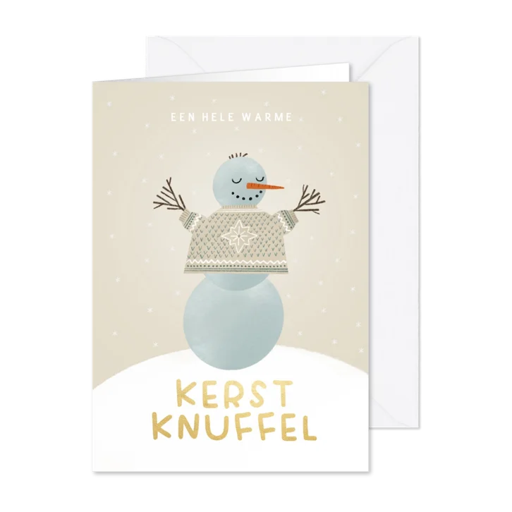 Kerstkaart sneeuwpop warme kerstknuffel beige