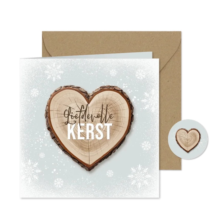 Kerstkaart sneeuwvlokken houten hart boomstam winter