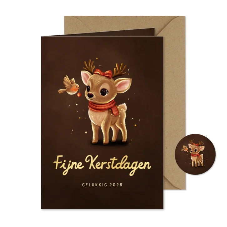 Kerstkaart sprankelend hert met roodborstje fijne kerstdagen
