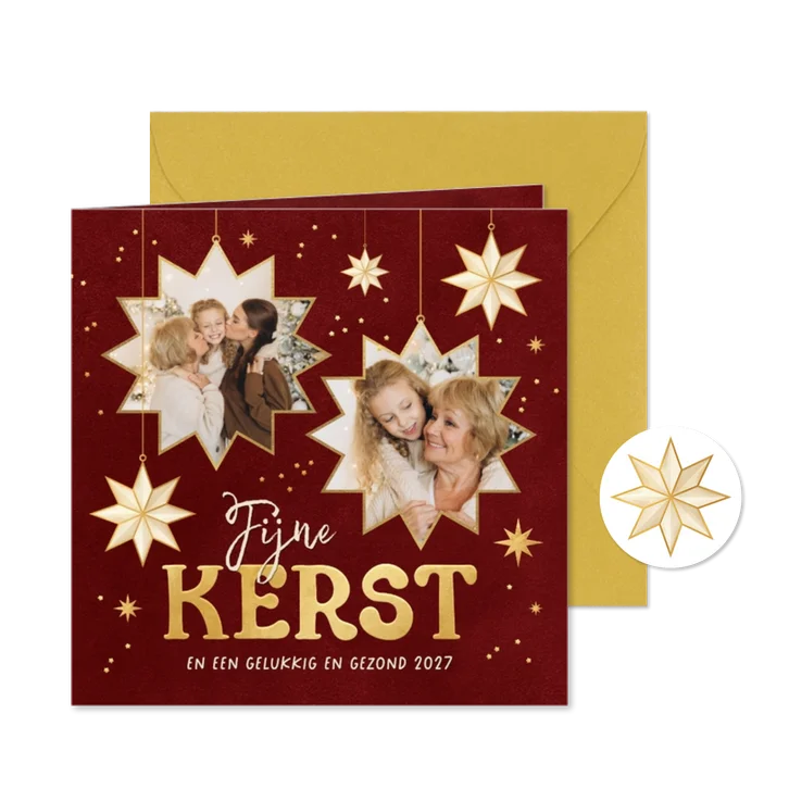 Kerstkaart sterren fotokaders sprankelend rood fijne kerst