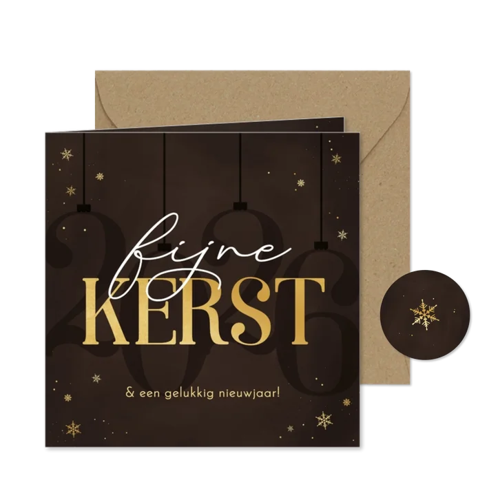 Kerstkaart stijlvol 2026 bruin met sneeuwvlokjes goud
