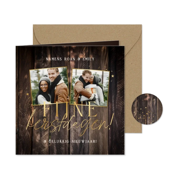 Kerstkaart stijlvol donkere houtlook twee foto's goud