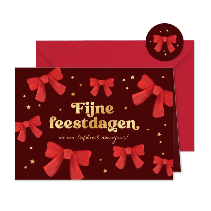 Kerstkaart stijlvol fijne feestdagen sterren strikjes goud