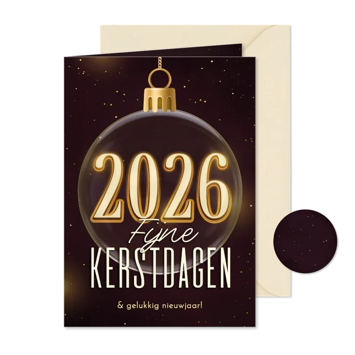 Kerstkaart stijlvol kerstbal 2026 paars fijne kerst
