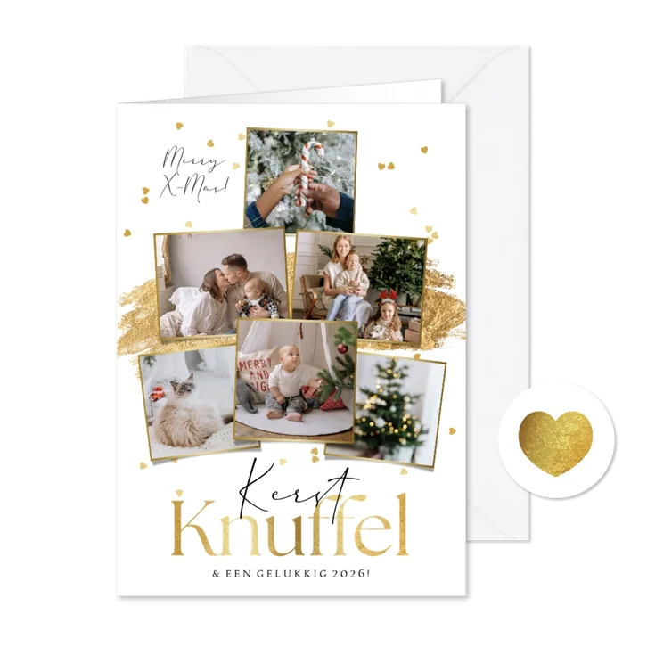 Kerstkaart stijlvol kerstknuffel goud hartjesconfetti