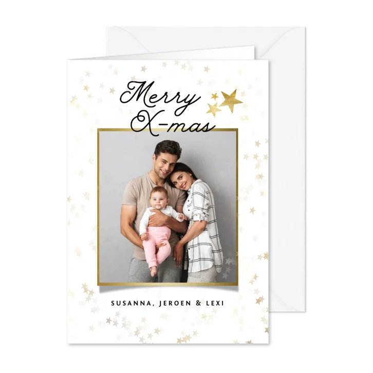 Kerstkaart stijlvol sterren merry christmas foto goud
