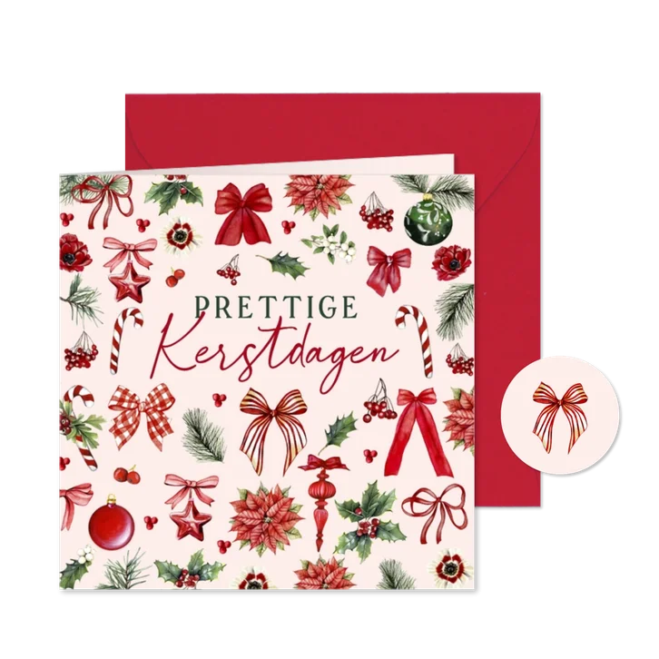 Kerstkaart strikjes en kerstballen met kersttakken