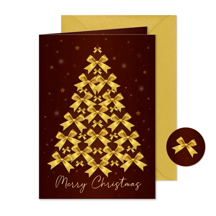 Kerstkaart strikken boom goudlook