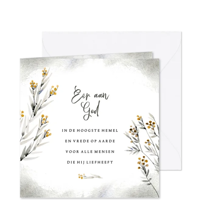 Kerstkaart takje geel bijbeltekst