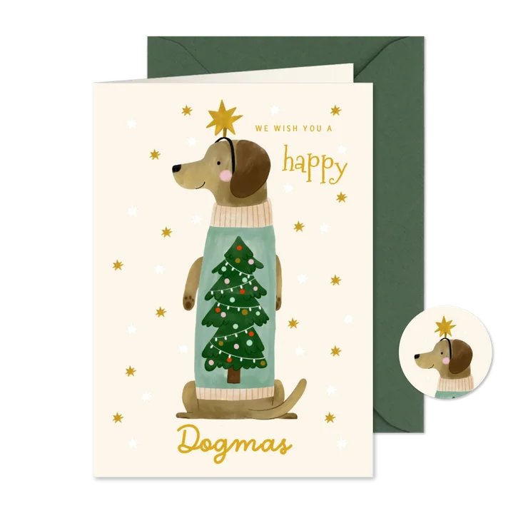 Kerstkaart teckel happy dogmas trui kerstboom en sterren