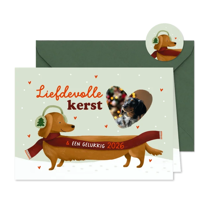 Kerstkaart teckel hartjes sjaal sneeuw met foto