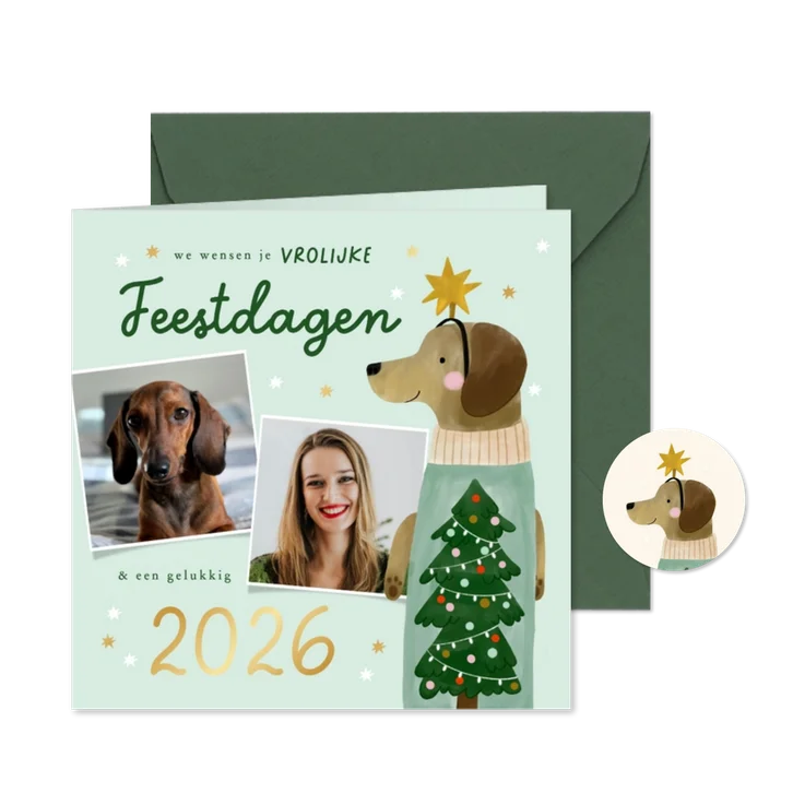 Kerstkaart teckel kerstboom sterren en foto's jaartal